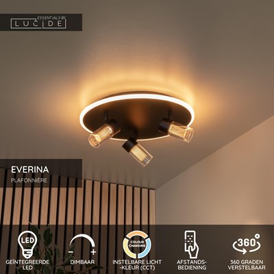 Lucide EVERINA - Plafonnière - Ø 40 cm - LED Dimb. - CCT - 2200K/6500K - Zwart | Essential